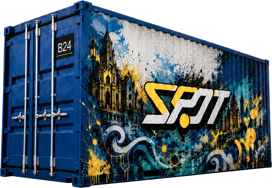 Ilustrație de brand: container albastru cu artă murală și logoul SPOT